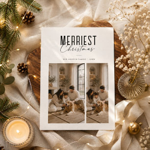 Merriest Christmas Modern Dual Photo Family  Holiday Card