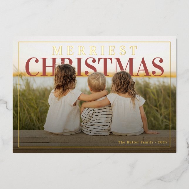 Merriest Christmas Modern Photo Foil Holiday Card (Front)