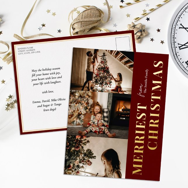 Merriest Christmas Modern Red Gold Script Photo Foil Holiday Postcard (Creator Uploaded)