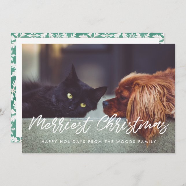 Merriest Christmas Modern Typography Family Photo Holiday Card (Front/Back)