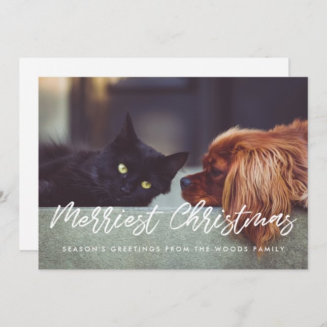 Merriest Christmas Modern Typography Family Photo Holiday Card (Front/Back)