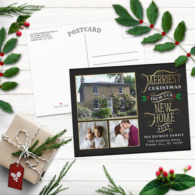 Merriest Christmas New Home 3 Photo Announcement Postcard (Creator Uploaded)