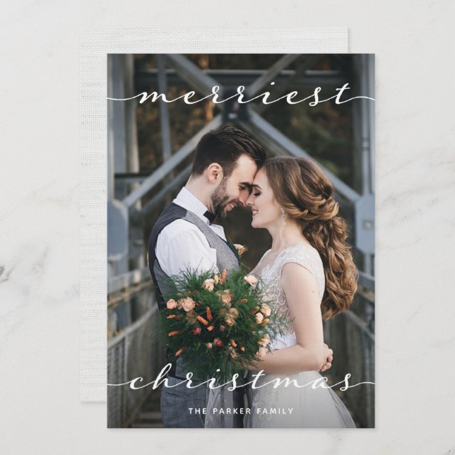 Merriest Christmas | One Photo Script Linen Look Holiday Card (Front/Back)