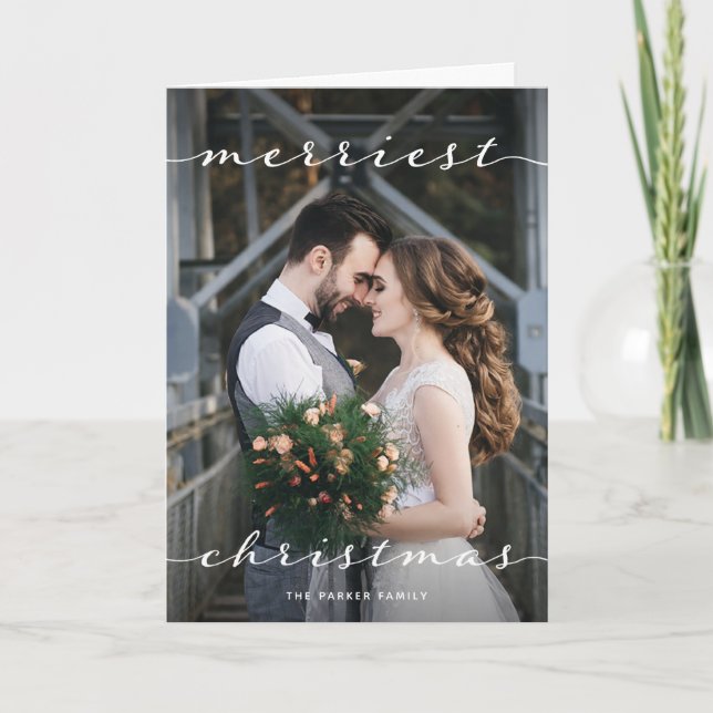 Merriest Christmas | One Photo Script Linen Look Holiday Card (Front)