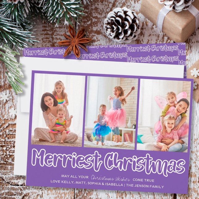 Merriest Christmas Open Lettering 3 Vertical Photo Holiday Card (Creator Uploaded)