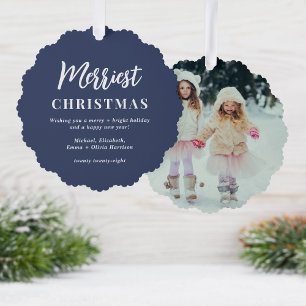 Merriest Christmas Photo Blue Holiday Tree Decoration Card