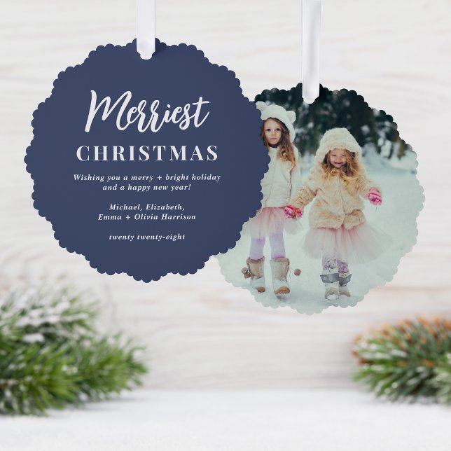 Merriest Christmas Photo Blue Holiday Tree Decoration Card (Share the love and warmth of the holiday season with a photo paper ornament card)