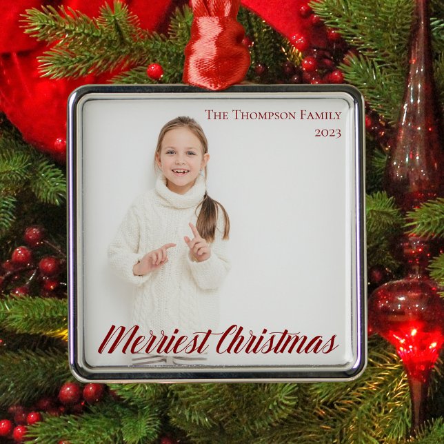 Merriest Christmas Photo Chic Red Script Overlay Metal Ornament (Creator Uploaded)