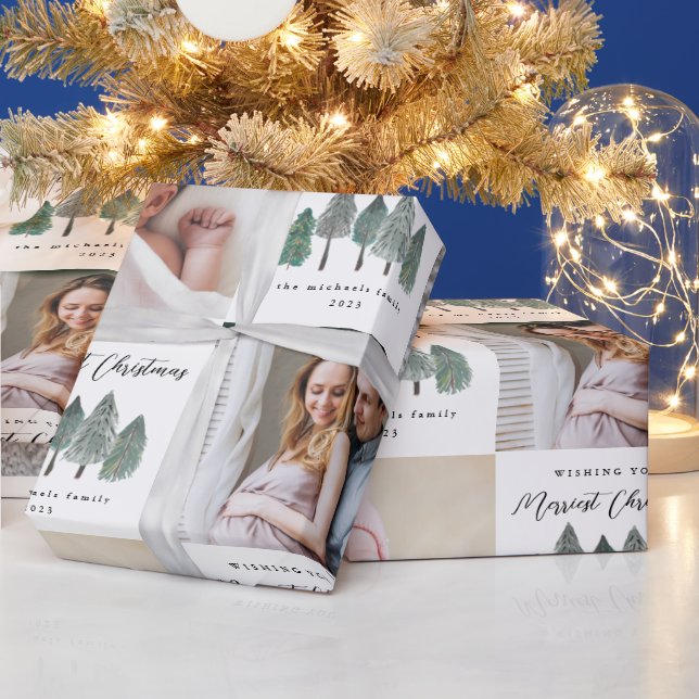 Merriest Christmas Photo Collage Pine Trees Wrapping Paper (Holidays)