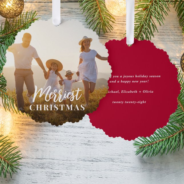 Merriest Christmas Photo Holiday Tree Decoration Card (Share the love and warmth of the holiday season with a photo paper ornament card)