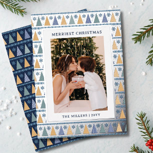 Merriest Christmas Photo Modern Blue Gold Trees Foil Holiday Card