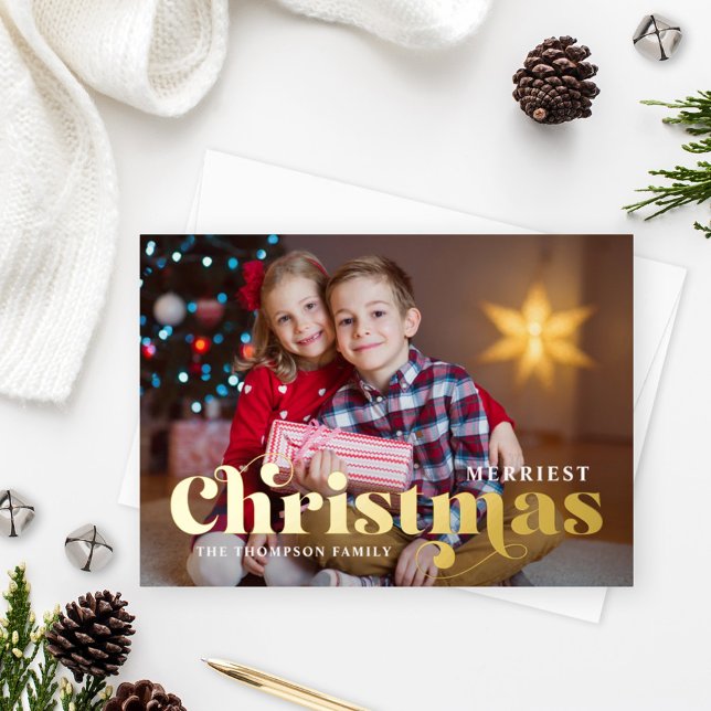 Merriest Christmas Photo with Stylish Gold Text Foil Holiday Card (Creator Uploaded)