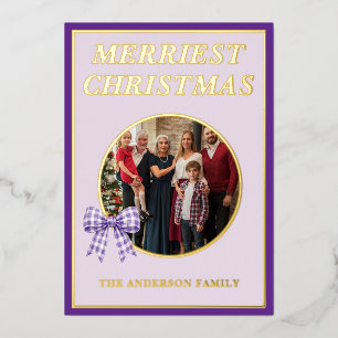 Merriest Christmas Purple Gingham Bow Family Photo Foil Holiday Card