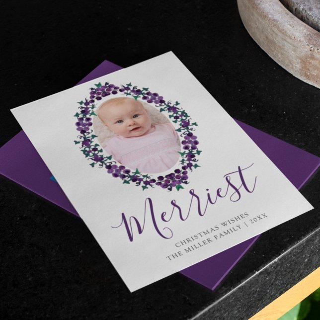 Merriest Christmas Purple Grapes Oval Wreath Photo Holiday Card (Creator Uploaded)