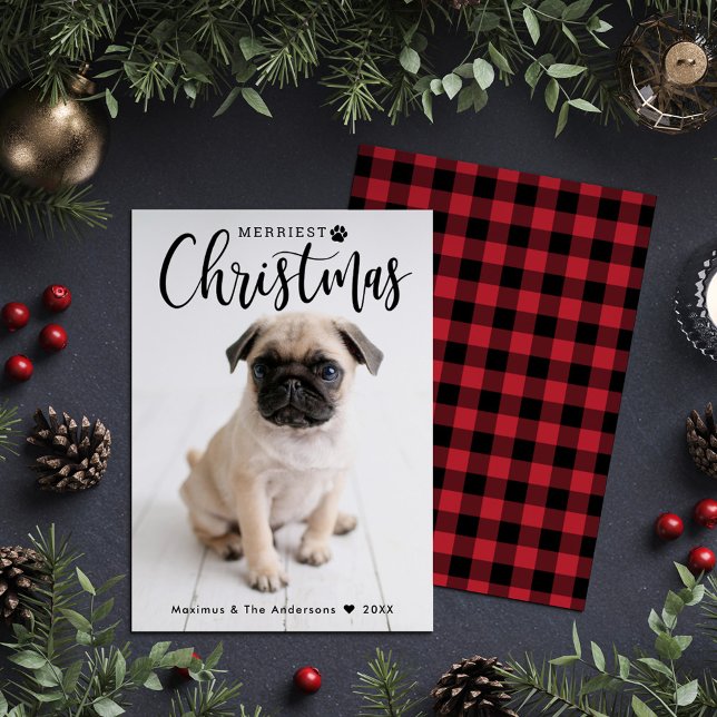 Merriest Christmas Red Buffalo Plaid Pet Photo Holiday Card (Creator Uploaded)