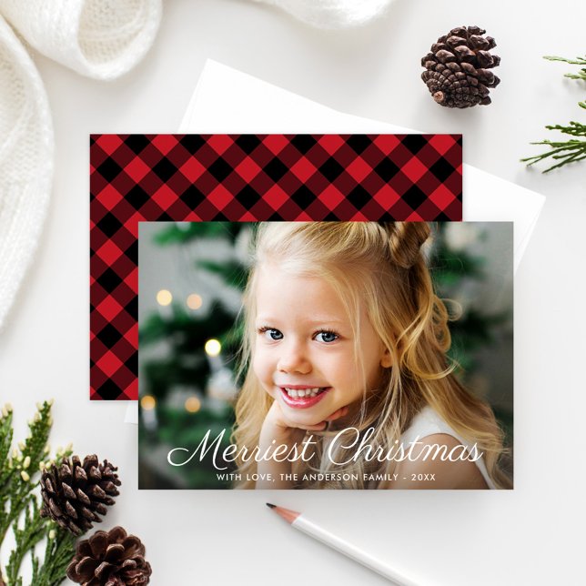 Merriest Christmas Red Buffalo Plaid Photo Holiday Card (Creator Uploaded)