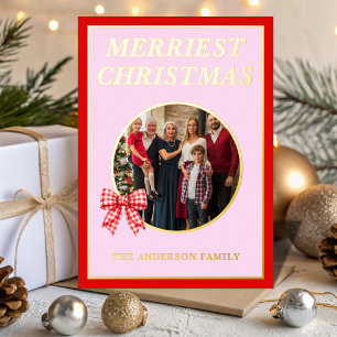 Merriest Christmas Red Gingham Bow Family Photo Foil Holiday Card