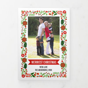 Merriest Christmas red poinsettia Christmas photo Tri-Fold Holiday Card