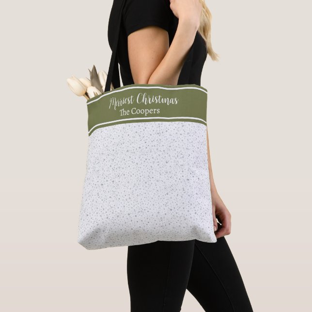 Merriest Christmas Snowfall Pattern White Holiday Tote Bag (Close Up)