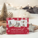 Merriest Christmas | Snowflake 3 Photo Collage Holiday Card<br><div class="desc">Elegant holiday photo card features three square photos in a collage layout,  with "Merriest Christmas" in white script and block lettering on a festive cranberry red background dotted with snowflakes. Personalize with your name(s) and the year beneath.</div>