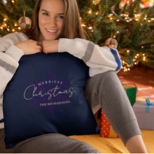 Merriest Christmas Snowflake Navy Blue Cushion
