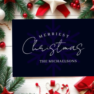 Merriest Christmas Snowflake Navy Blue Holiday Card
