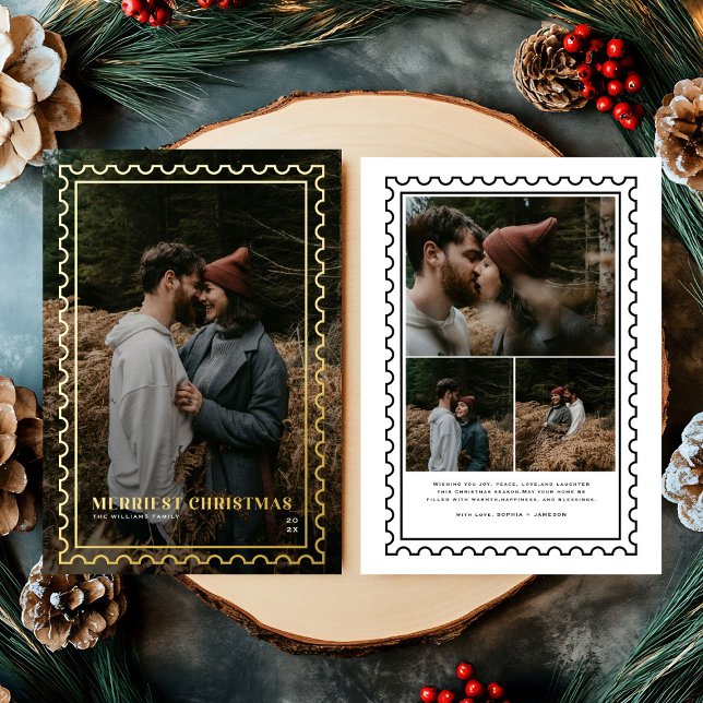  Merriest Christmas  Stamp family Photo Foil Holiday Card (Creator Uploaded)