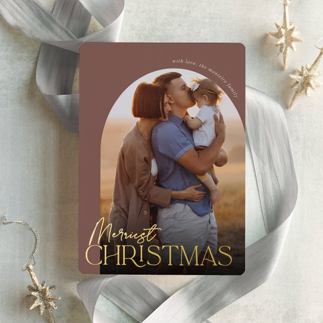 Merriest Christmas Vertical Photo Arch Foil Holiday Card (Creator Uploaded)