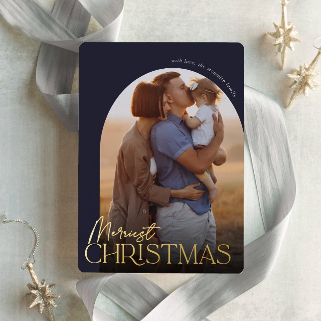 Merriest Christmas Vertical Photo Arch Foil Holiday Card (Creator Uploaded)