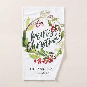 Merriest Christmas Watercolor Floral Hand Towel