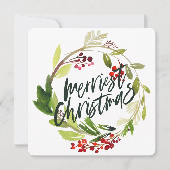 Merriest Christmas watercolor floral holiday Card (Front)
