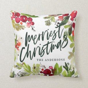 Merriest Christmas watercolor floral Holiday Cushion