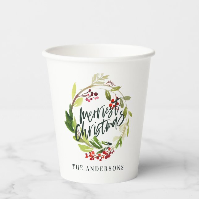 merriest christmas watercolor floral party paper cups (Front)