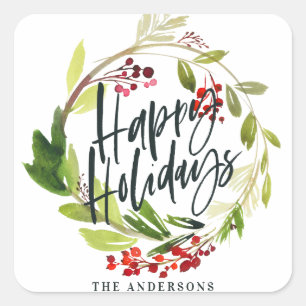 Merriest Christmas watercolor foliage floral Square Sticker
