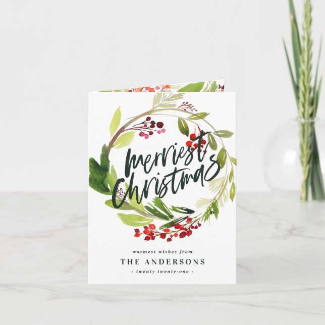 Merriest Christmas watercolor foliage photo card (Front)