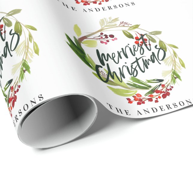 Merriest Christmas watercolor foliage Wrapping Paper (Roll Corner)