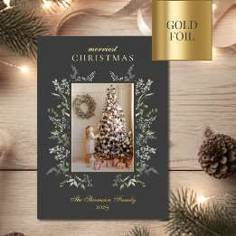 Merriest Christmas Watercolor Real Gold Foil Photo Holiday Card