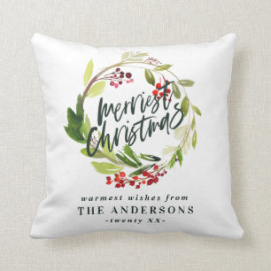 merriest christmas watercolor red berry foliage cushion