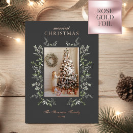 Merriest Christmas Watercolor Rose Gold Foil Photo Holiday Card