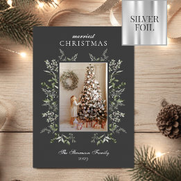 Merriest Christmas Watercolor Silver Foil Photo Holiday Card