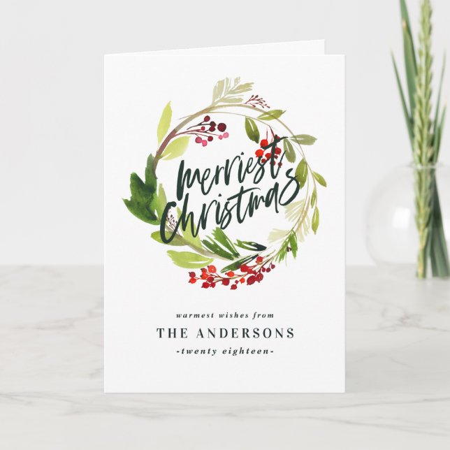 Merriest Christmas watercolor wreath Holiday Card (Front)