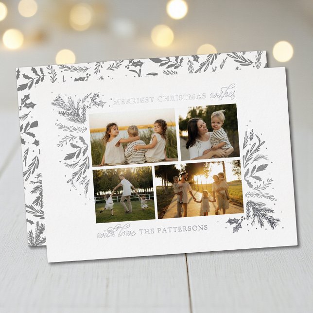 Merriest Christmas Wishes 4 Photo Botanical Floral Foil Holiday Card (Creator Uploaded)
