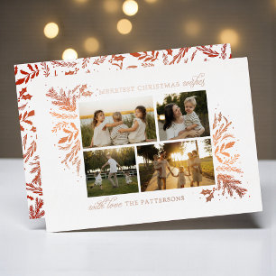 Merriest Christmas Wishes 4 Photo Botanical Floral Foil Holiday Card