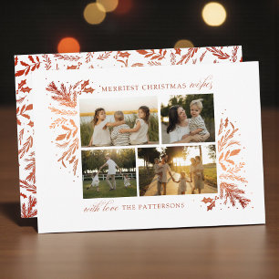 Merriest Christmas Wishes 4 Photo Botanical Floral Holiday Card