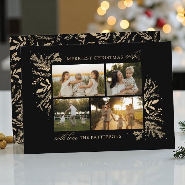 Merriest Christmas Wishes 4 Photo Botanical Floral Holiday Card (Creator Uploaded)