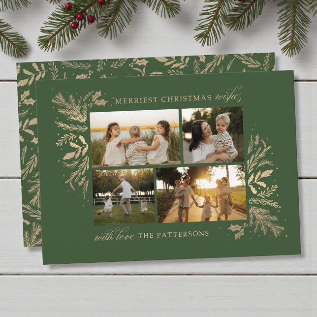 Merriest Christmas Wishes 4 Photo Botanical Floral Holiday Card (Creator Uploaded)