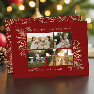 Merriest Christmas Wishes Deep Red Gold 4 Photo Holiday Card
