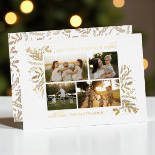 Merriest Christmas Wishes Gold Foil 4 Photo Holiday Card