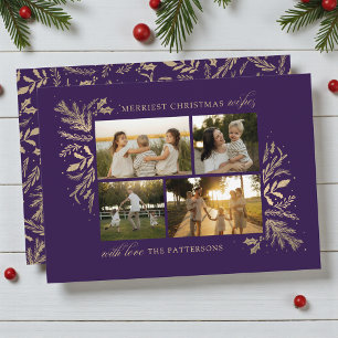 Merriest Christmas Wishes Purple Gold 4 Photo Holiday Card