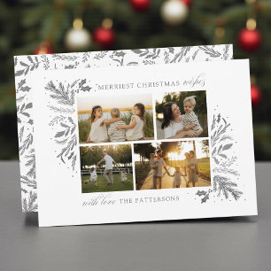 Merriest Christmas Wishes Silver Botanical 4 Photo Holiday Card